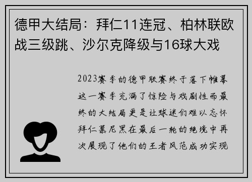 德甲大结局：拜仁11连冠、柏林联欧战三级跳、沙尔克降级与16球大戏