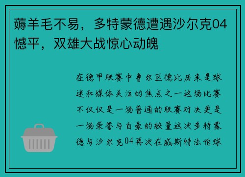 薅羊毛不易，多特蒙德遭遇沙尔克04憾平，双雄大战惊心动魄